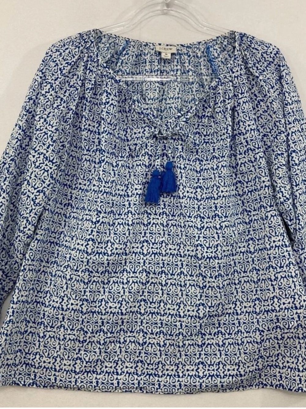 J. Crew Blue/White Raglan Cotton Tassel-Tie Popover Shirt Top Blouse M EUC